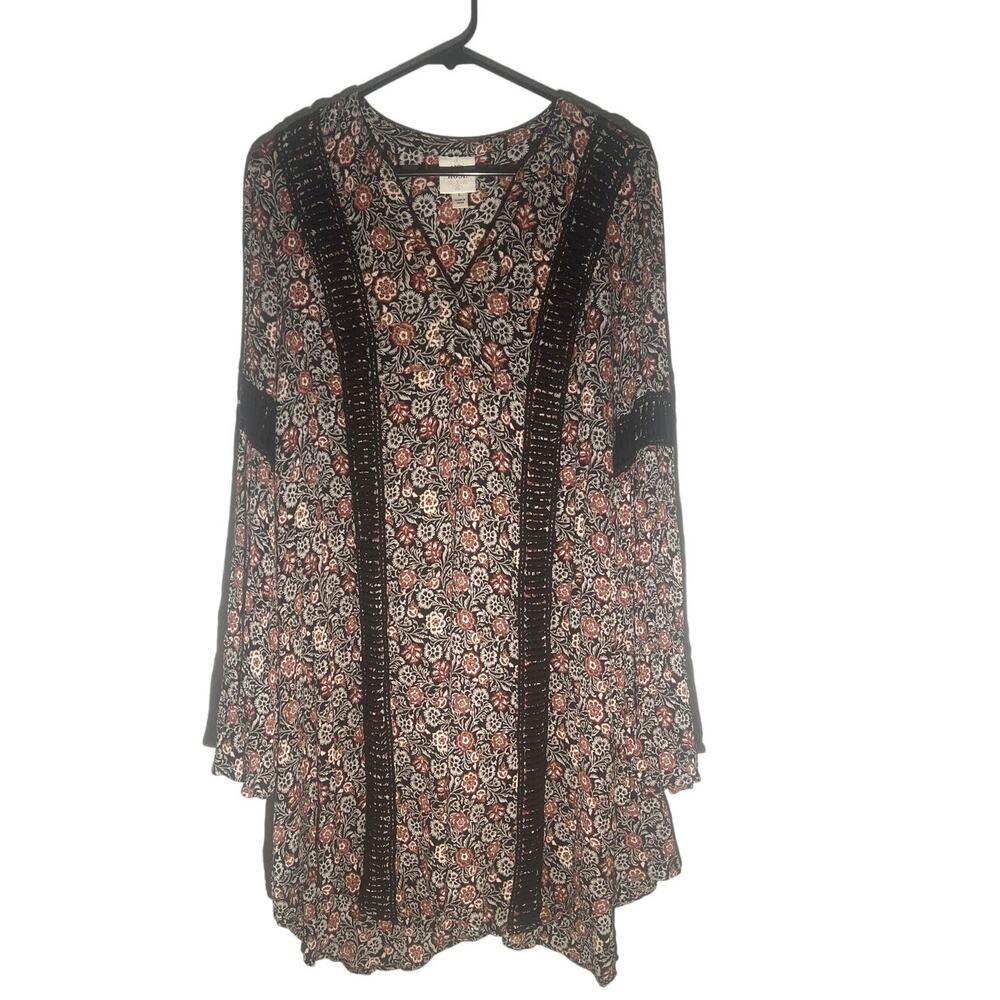 Knox Rose Boho A-Line Tunic Dress Women’s Large Black Floral Lace Trim